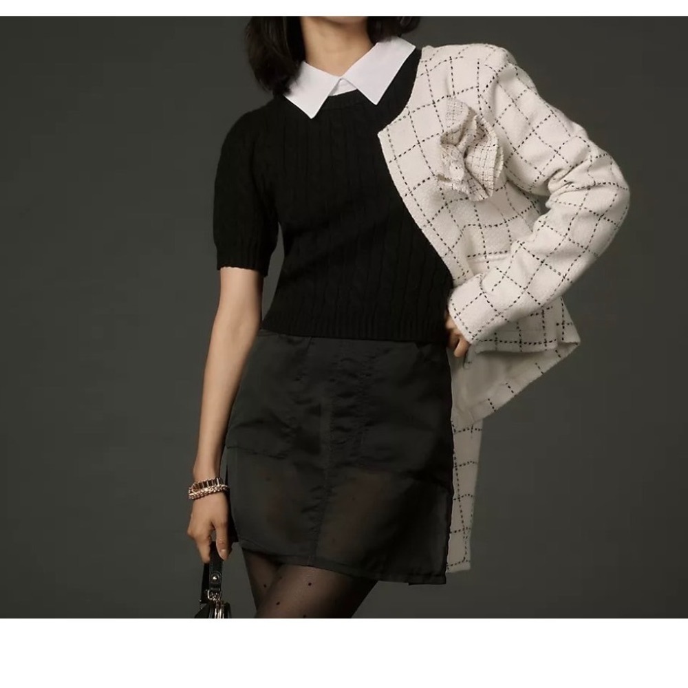 Anthropologie Cable Knit Layered Collar Sweater Women Black  M Short Sleeve
